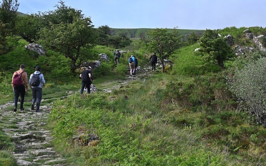 Men from the brotherhood walking up a stone path on a green hillside